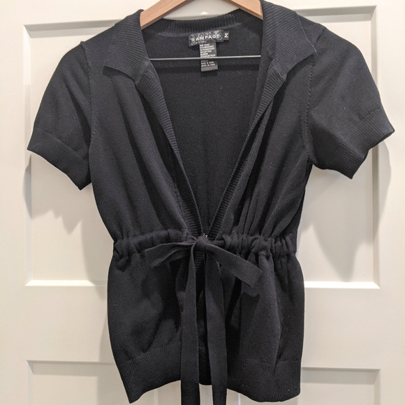 Black Short-Sleeve Sweater with Tie at Waist - Picture 1 of 3